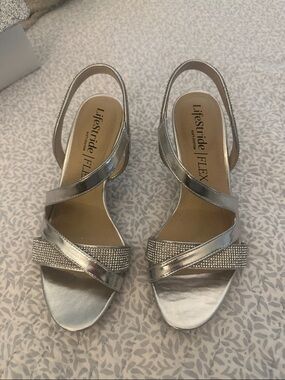 Life Stride Silver Rhinestone Crisscross Slingback Heels